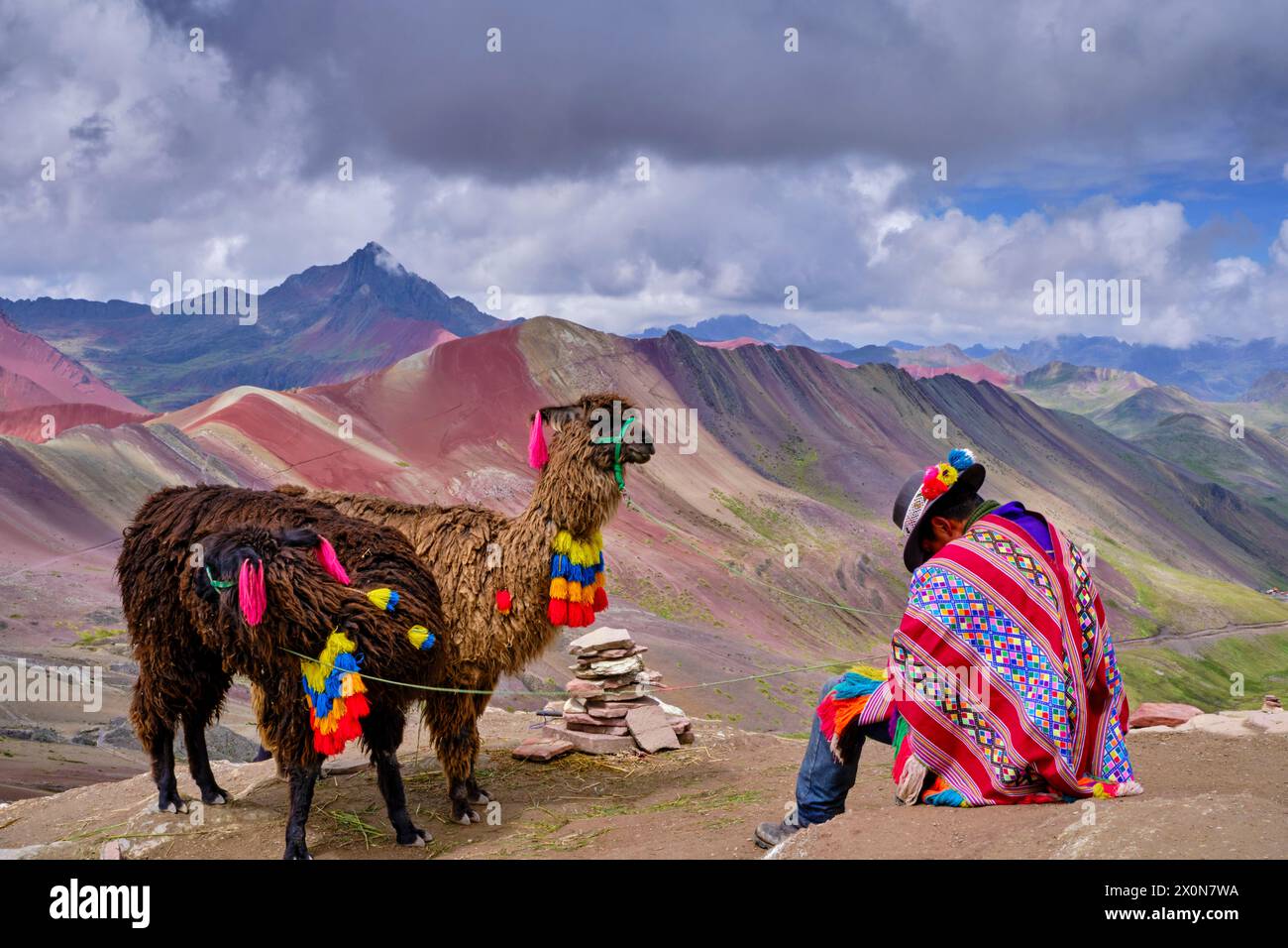 Perù, provincia di Cuzco, Vinicunca, Montana de siete Colores o Rainbow Mountain, lama per turisti Foto Stock