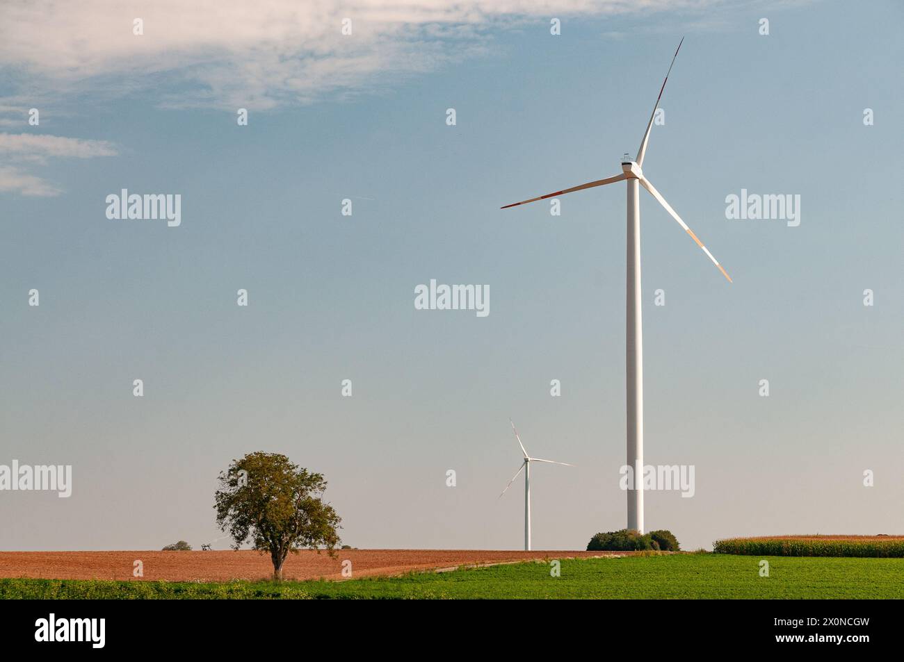 Produzione sostenibile di energia verde con turbine eoliche, in una giornata di sole con cielo nuvoloso Foto Stock