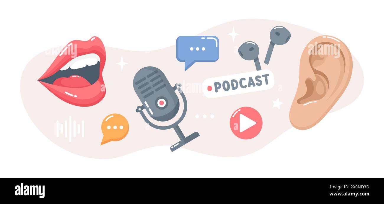 Bocca parlante, microfono, orecchio, auricolari e bolle vocali femminili. Banner del concetto di podcast. Illustrazione vettoriale piatta Illustrazione Vettoriale