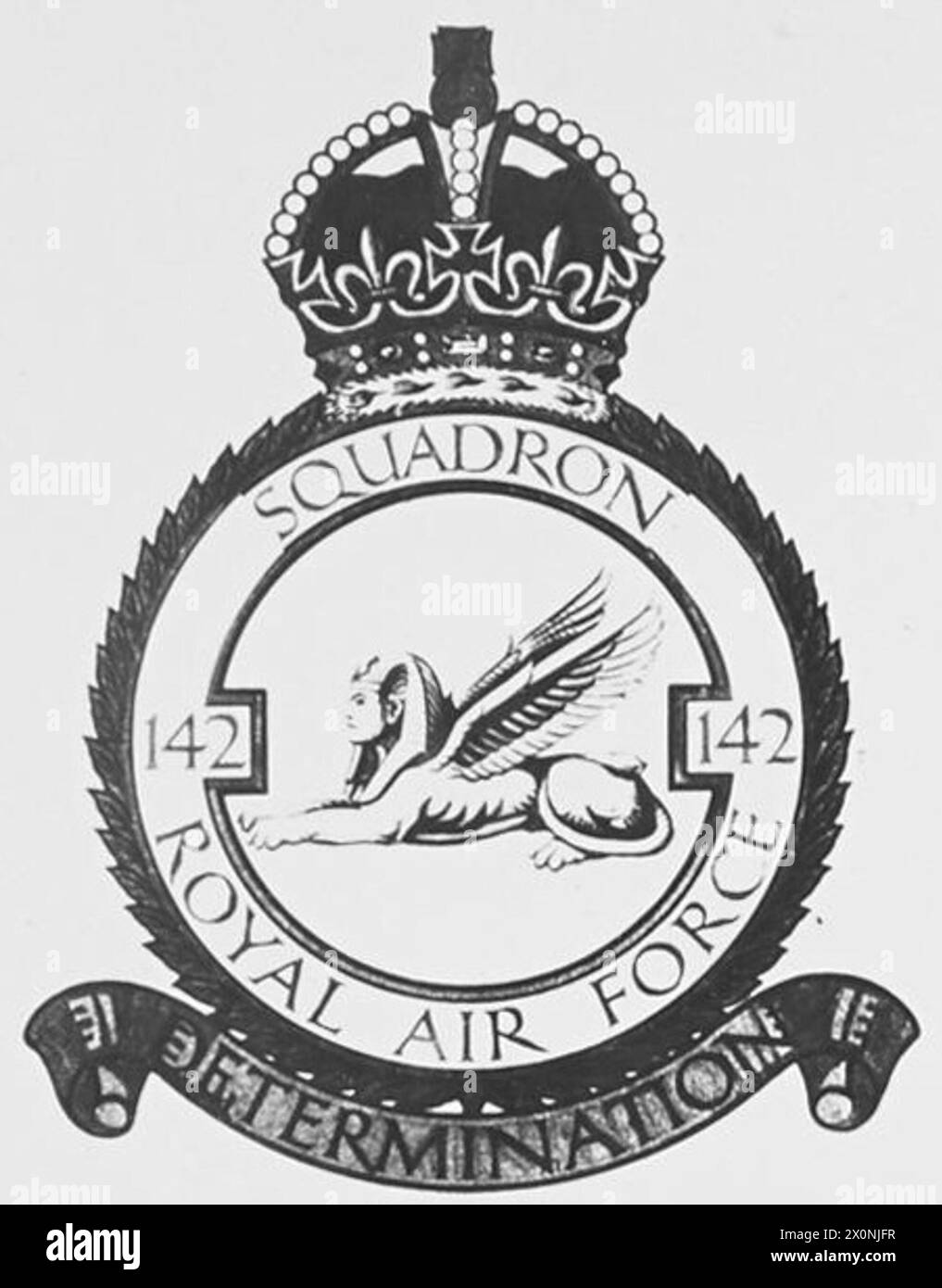 Il distintivo del No. 142 RAF Squadron, con il motto "DETERMINAZIONE", rappresenta l'identità e l'insegna dello squadrone. Foto Stock
