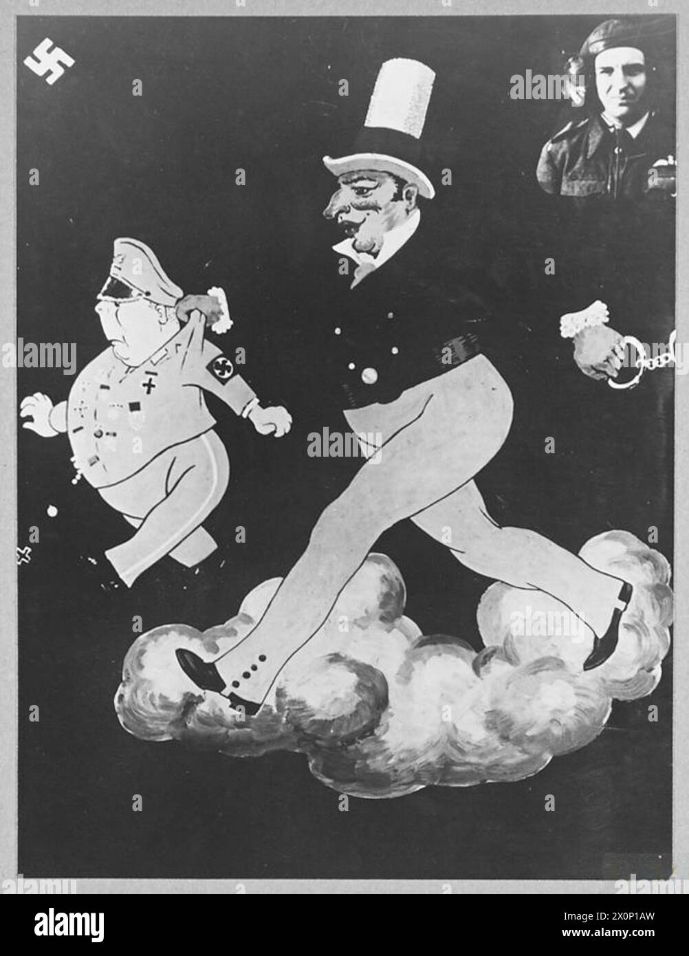 Un bombardiere Halifax mostra un nuovo emblema progettato dal suo pilota, un ex agente di polizia londinese. L'emblema commemora il cannoniere di coda che abbatte un Messerschmitt durante un raid alla luce del giorno su Brest, con una svastica che segna il risultato. Foto Stock