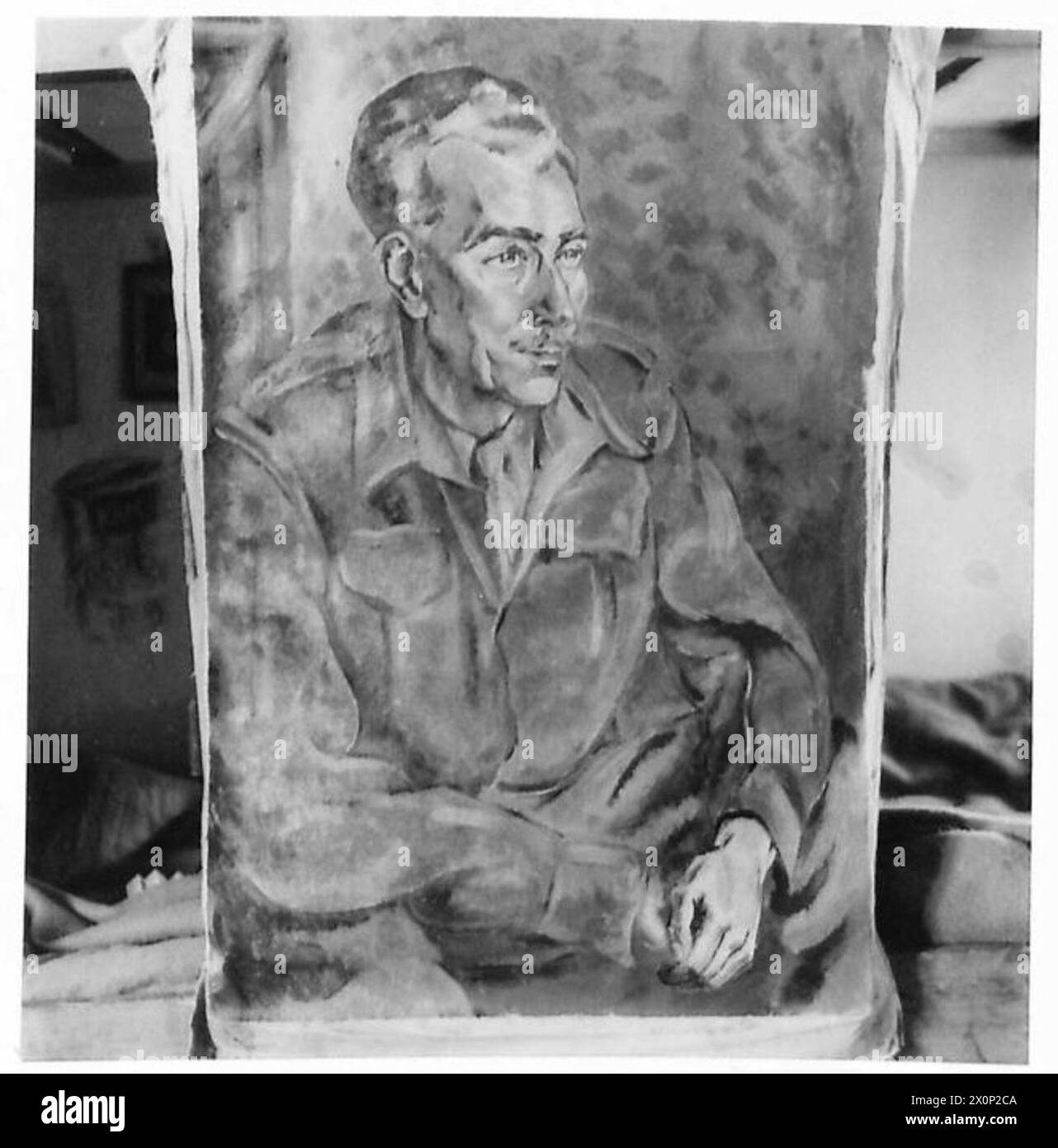 Ritratto a olio del tenente Vanderson dipinto dal tenente H. Barnsdale ad Oflag 79, dimostrando abilità artistica tra i prigionieri di guerra. Foto Stock