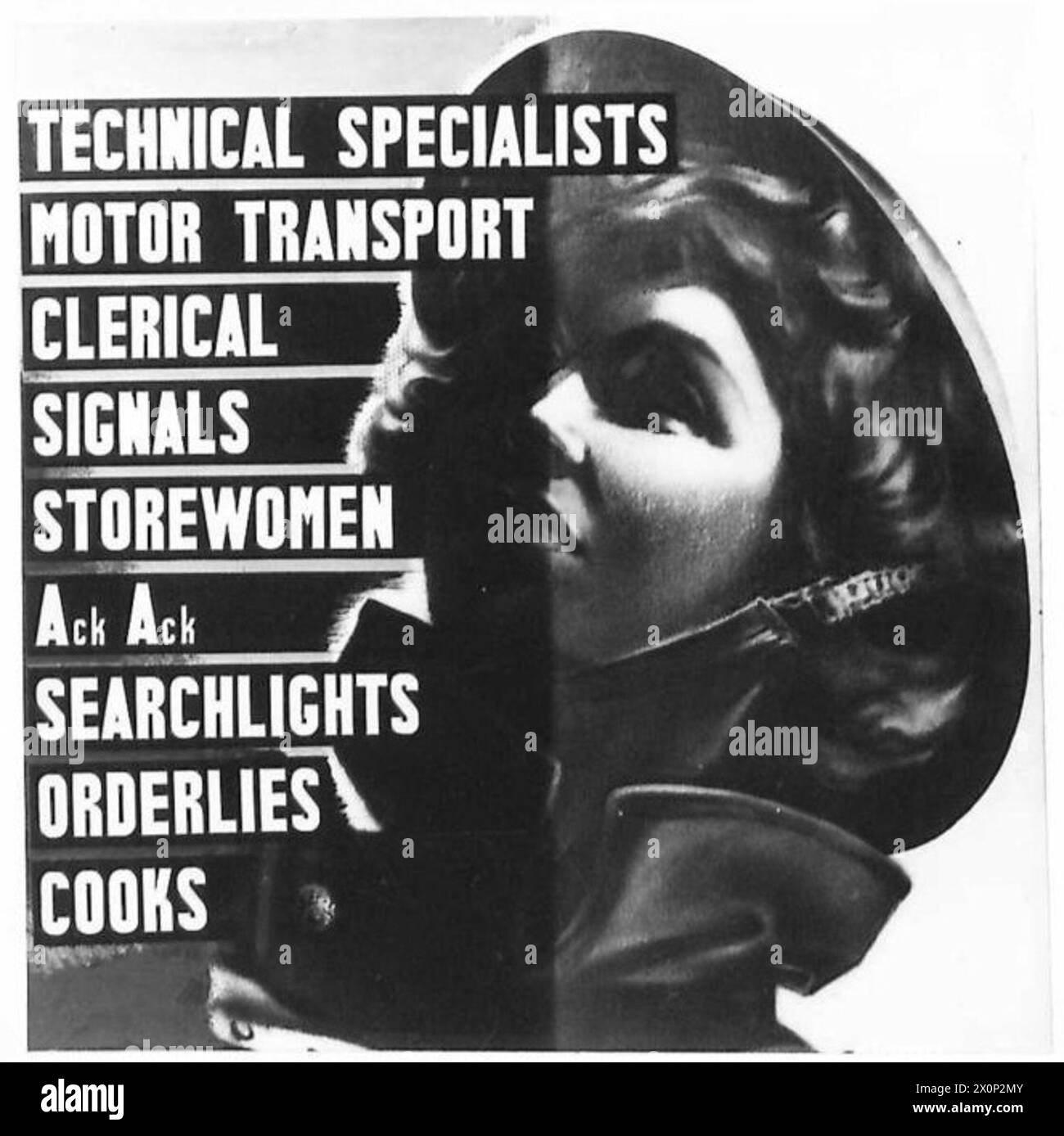Un poster disegnato da Frank Newbould per il reclutamento di ATS raffigura uno studio della testa di una ragazza ATS con scambi disponibili per le nuove reclute, documentato in un negativo fotografico dell'esercito britannico. Foto Stock