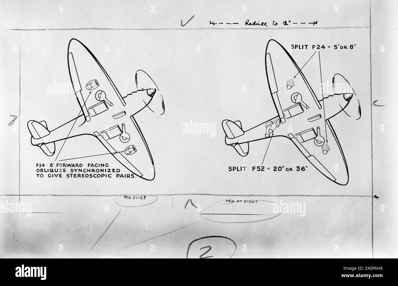 Diagrammi che mostrano la disposizione delle telecamere da ricognizione aerea a Spitfire durante la seconda guerra mondiale, tra cui la fotografia obliqua stereoscopica e verticale di alto livello utilizzando le telecamere F.24 e F.52. Foto Stock