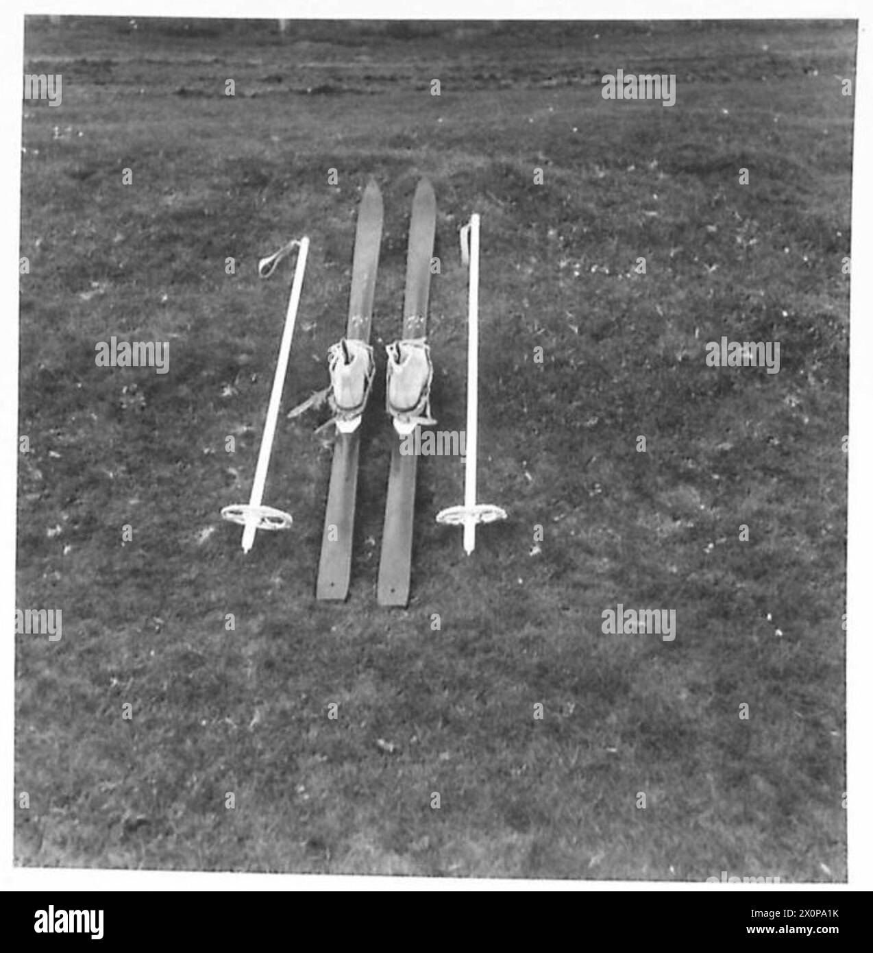 Gli sci e i bastoni da sci sono utilizzati nelle esercitazioni di addestramento per la guerra di montagna e neve da parte dell'esercito britannico. Negativo fotografico, British Army. Foto Stock