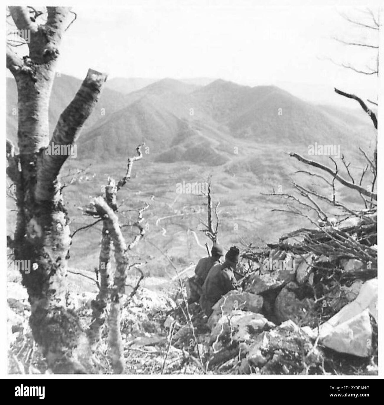 Pte. Wooldridge del 64 Stencil Avenue, Stourbridge, Worcestershire, protegge una valle designata come Terra di No Man durante il giorno, pattugliata dalle forze avversarie di notte. Negativo fotografico, British Army. Foto Stock