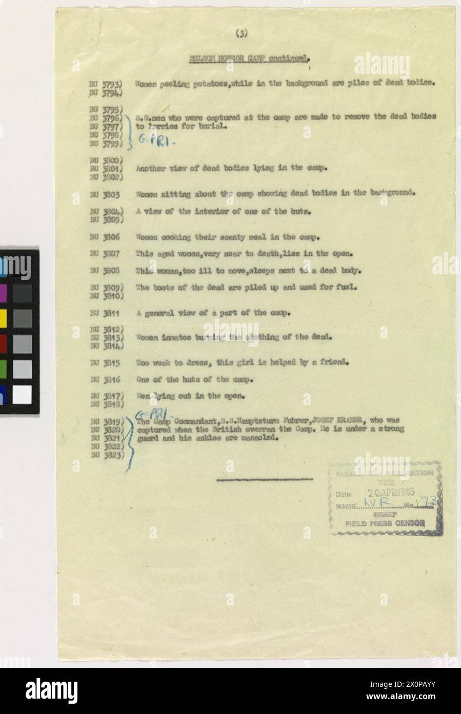 Terza pagina di documento che elenca le didascalie originali del capitano Malindine, tenente Wilson, sergente Norris e sergente Midgley della No 5 Section Army Film and Photographic Unit, approvata dallo SHAEF Field Censor per le fotografie AFPU della liberazione di Bergen-Belsen il 17–18 aprile 1945 per ordine del feldmaresciallo Montgomery e del generale Dempsey. Foto Stock