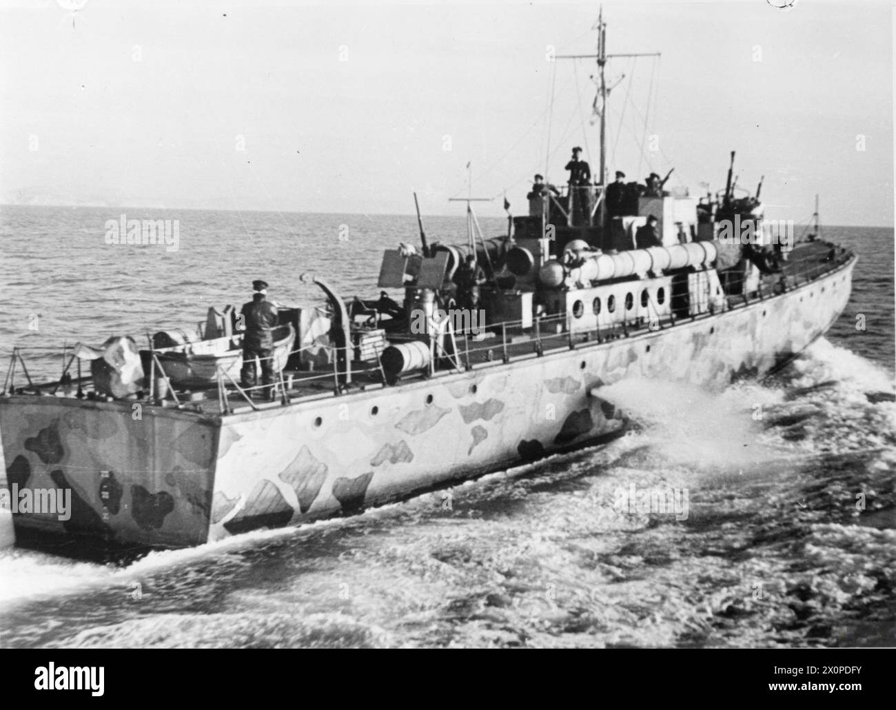Classe D Fairmile Motor Torpedo Boat of British Light Coastal Forces in mare dalla HMS Beehive nel settembre 1943; motorizzato da quattro motori Packard con 3 ufficiali, 30 gradi, armati con due siluri da 21 pollici, pom-pom e cannoni Oerlikon. Foto Stock