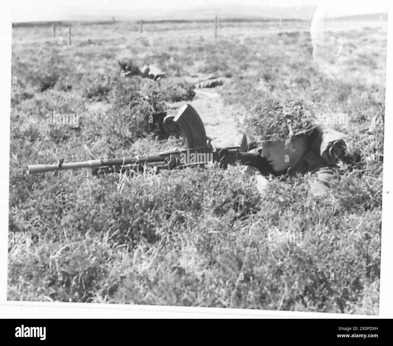 I Bren Gunners dei Gordon Highlanders sono in azione tra heather, usando un mimetismo naturale per i loro caschi d'acciaio. Foto Stock