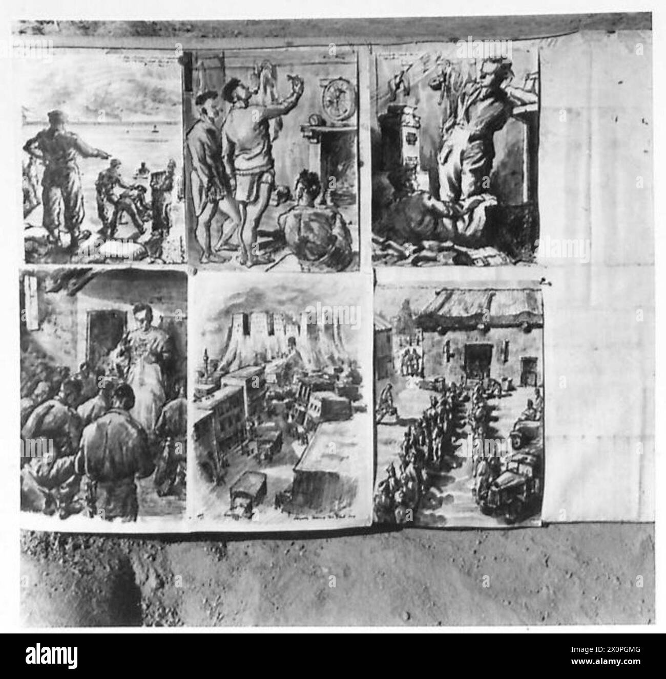 Opere di L/Cpl. Vengono mostrati i Cairns, riflettendo la sua attività di artista nel deserto. Negativo fotografico dell'esercito britannico. Foto Stock