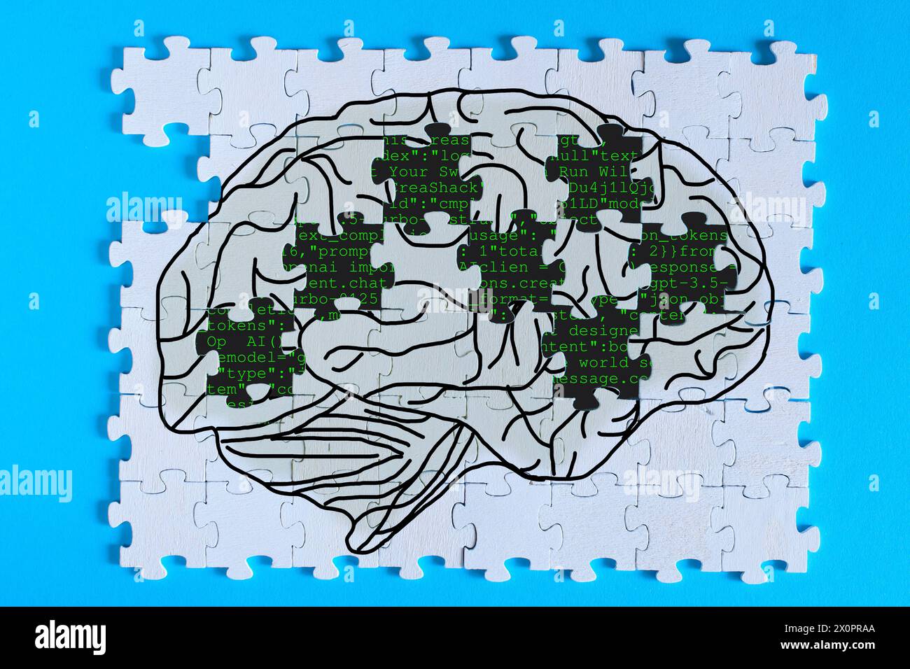 Il concetto di intelligenza artificiale, il cervello umano su pezzi di puzzle, i programmi di intelligenza artificiale e l'elaborazione dei dati supportano la creatività umana e la risoluzione dei problemi o l'operazione Foto Stock