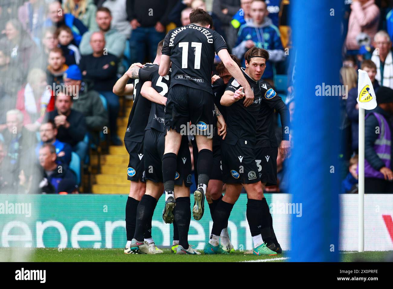 Leeds, Regno Unito. 13 aprile 2024. I giocatori dei Blackburn Rovers festeggiano il loro gol di apertura durante la partita del Leeds United FC contro Blackburn Rovers FC per il titolo EFL a Elland Road, Leeds, Inghilterra, Regno Unito il 13 aprile 2024 Credit: Every Second Media/Alamy Live News Foto Stock