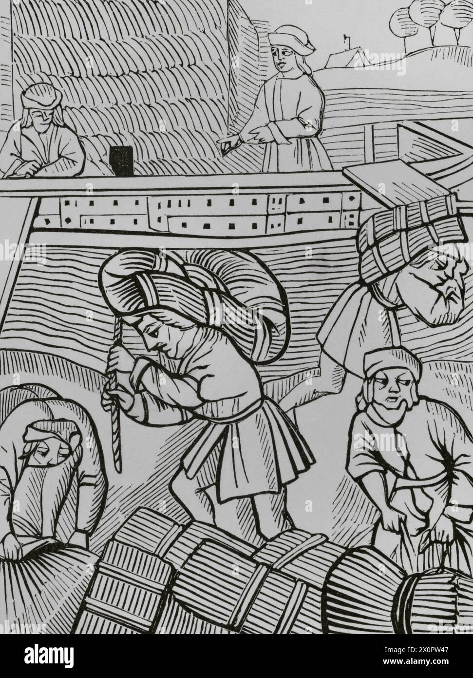Francia. Portatori di fieno. Facsimile di un'incisione da ''Les ordonnances royaux sur le faict et jurisdiction de la prévosté des marchands et eschevinage de la ville de Paris', Parigi, 1528. "Moeurs, usages et costumes au moyen-âge et à l'époque de la Renaissance", di Paul Lacroix. Parigi, 1878. Foto Stock
