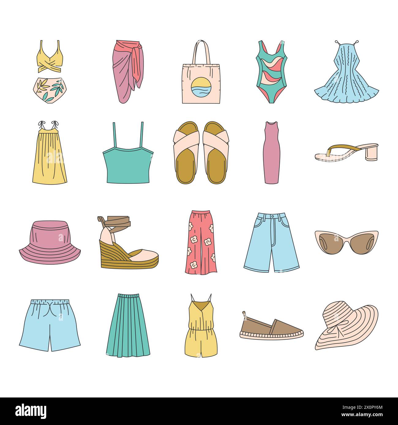 Set di icone colorate della linea di abiti estivi da donna. Segni per pagina Web, app mobile, pulsante, logo. Pulsante isolato vettore. Traccia modificabile. Illustrazione Vettoriale