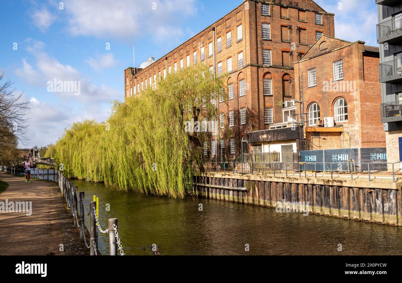 Norwich, Norfolk, Regno Unito – 7 aprile 2024. Il lungofiume e il lungomare del fiume Wensum in una giornata luminosa e soleggiata Foto Stock