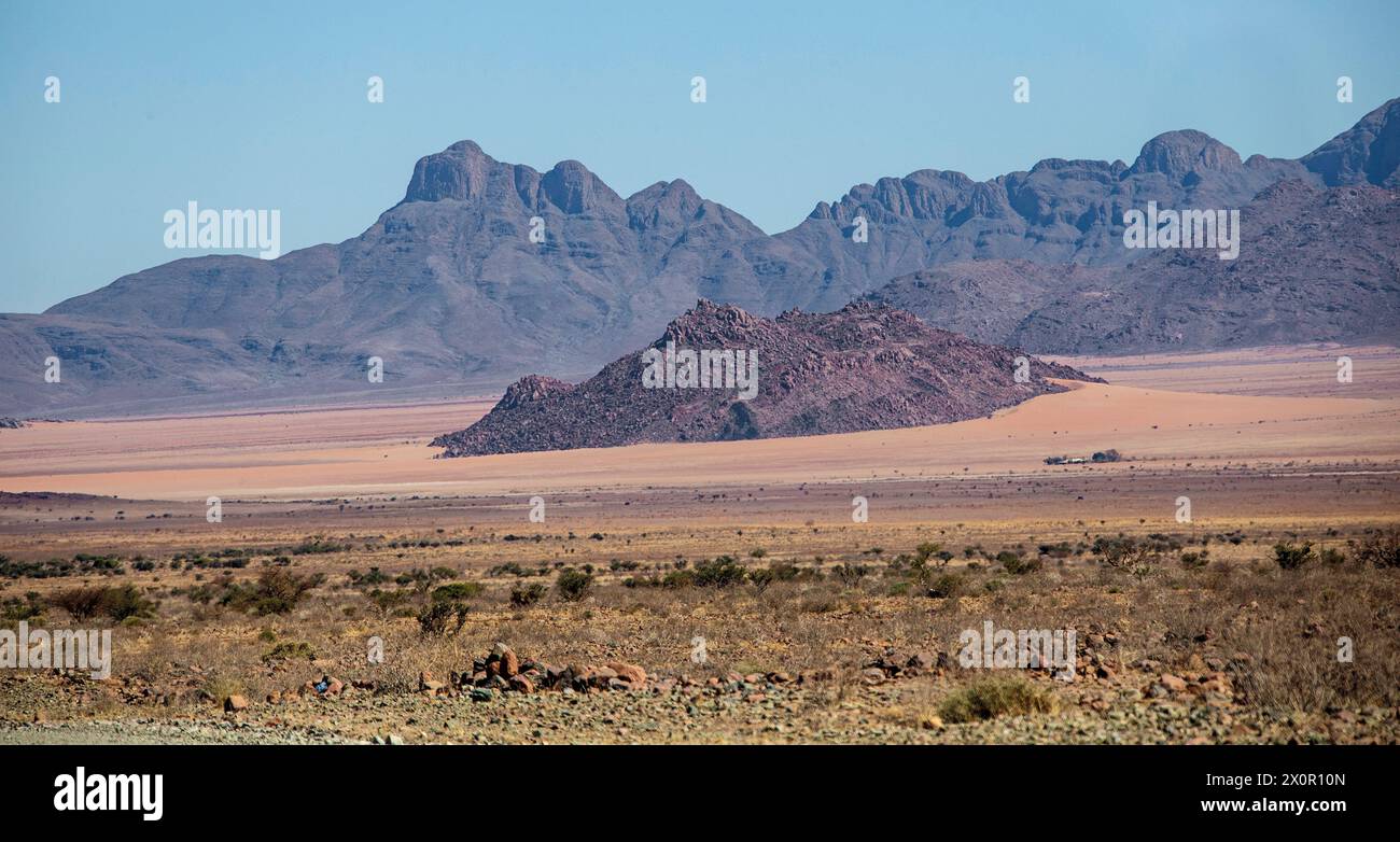 Guardando attraverso i colori tenui della pianura sabbiosa del Namib verso le montagne in lontananza. Foto Stock