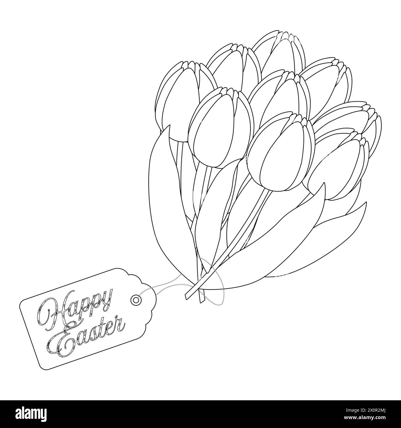 Un bouquet festoso di tulipani. Buona Pasqua. Libri da colorare per bambini. Disegno del contorno vettoriale Illustrazione Vettoriale