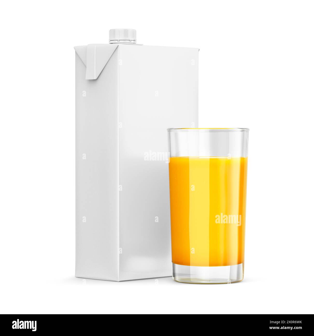 Confezione di cartone con mockup in vetro con succo d'arancia: Rendering 3D su sfondo isolato Foto Stock