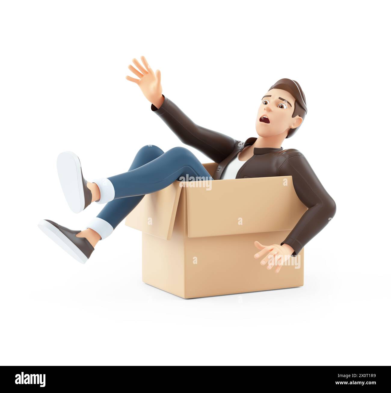 uomo dei cartoni animati 3d che cade in una scatola di cartone, illustrazione isolata su sfondo bianco Foto Stock