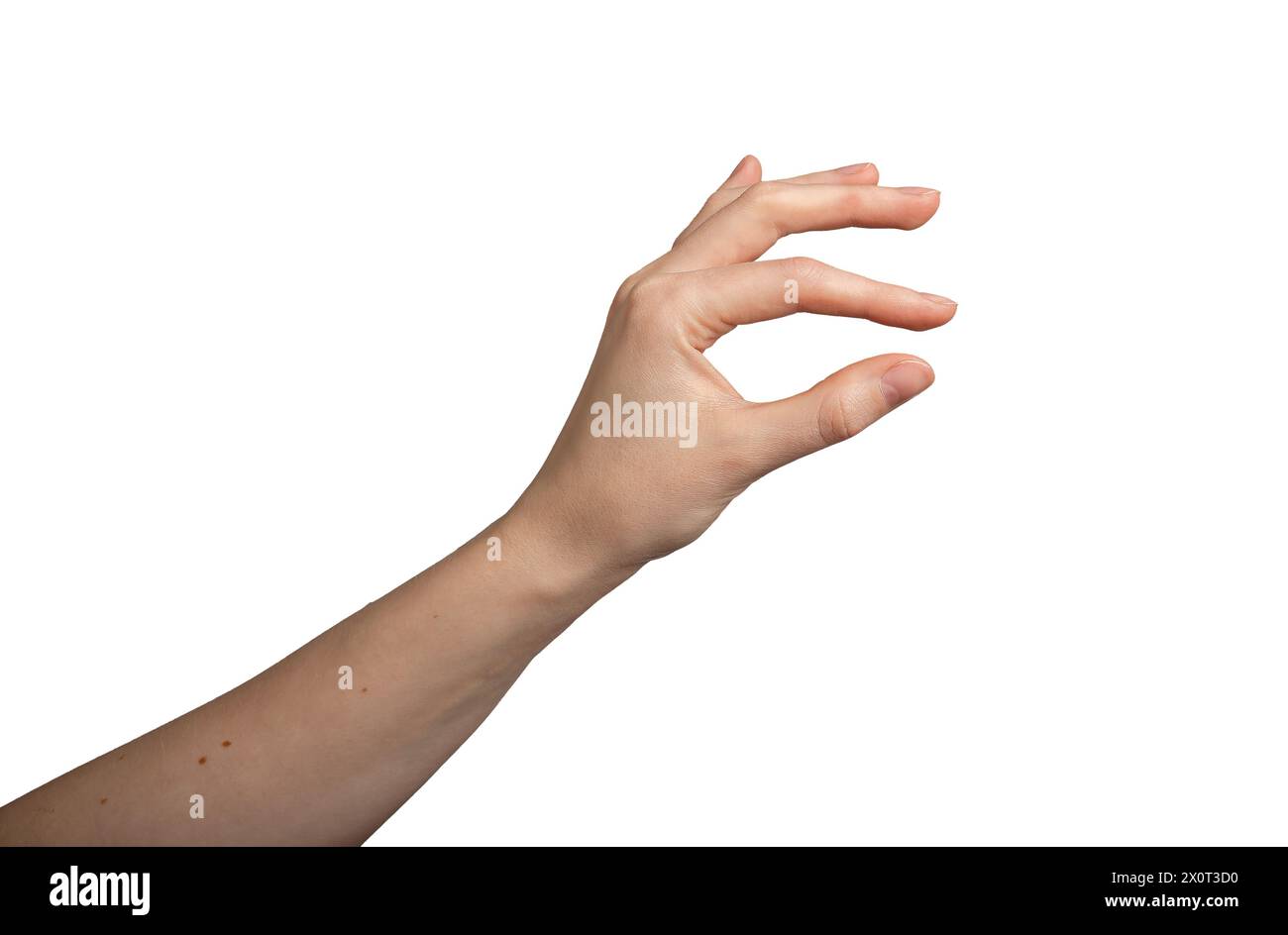 Gesti delle mani, dita che mostrano qualcosa, tenendo qualcosa di piccolo, piccolo, piccolo isolato sul bianco. Foto Stock