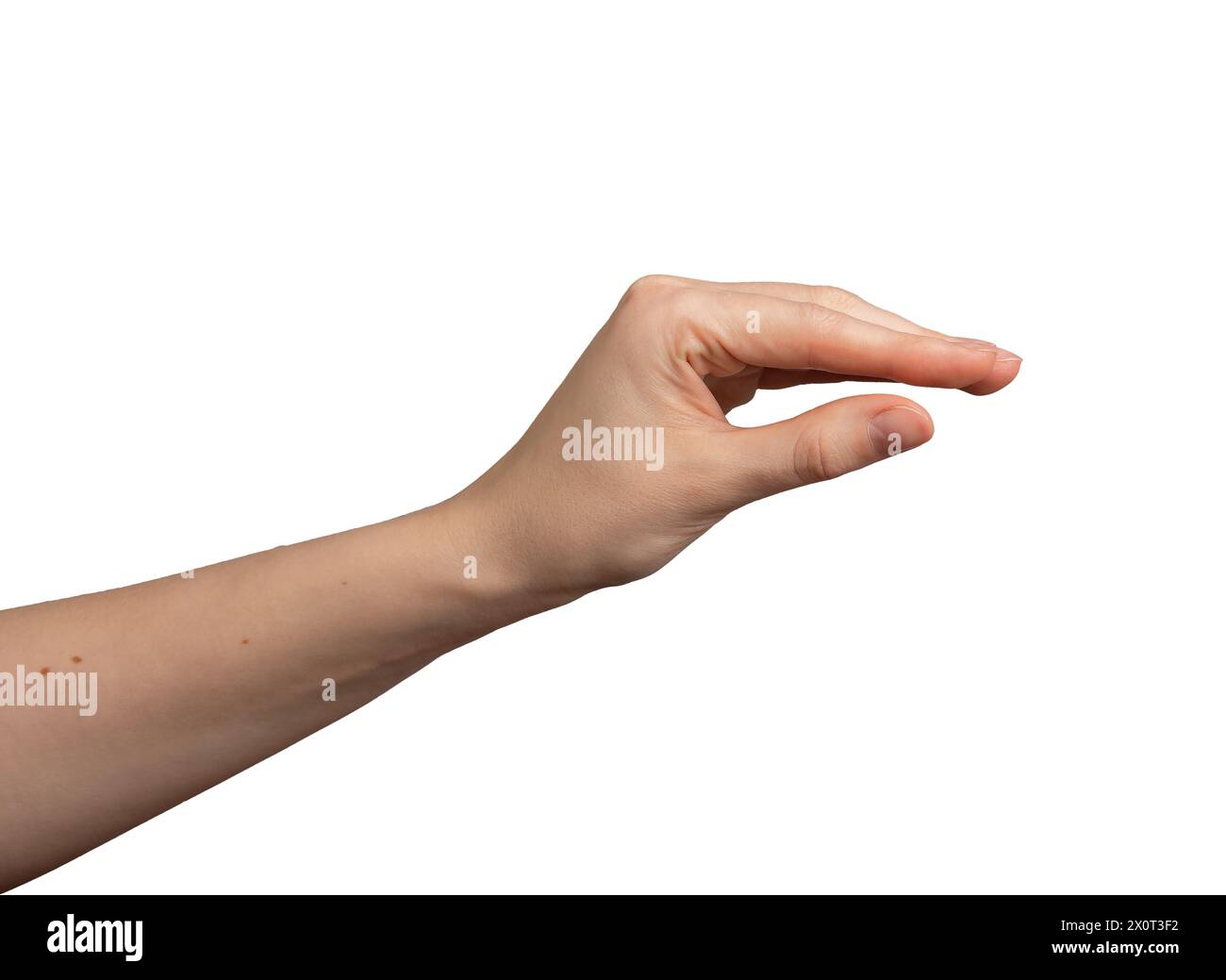 Gesti delle mani, dita che mostrano qualcosa, tenendosi piccole, poco isolate sul bianco... Foto Stock