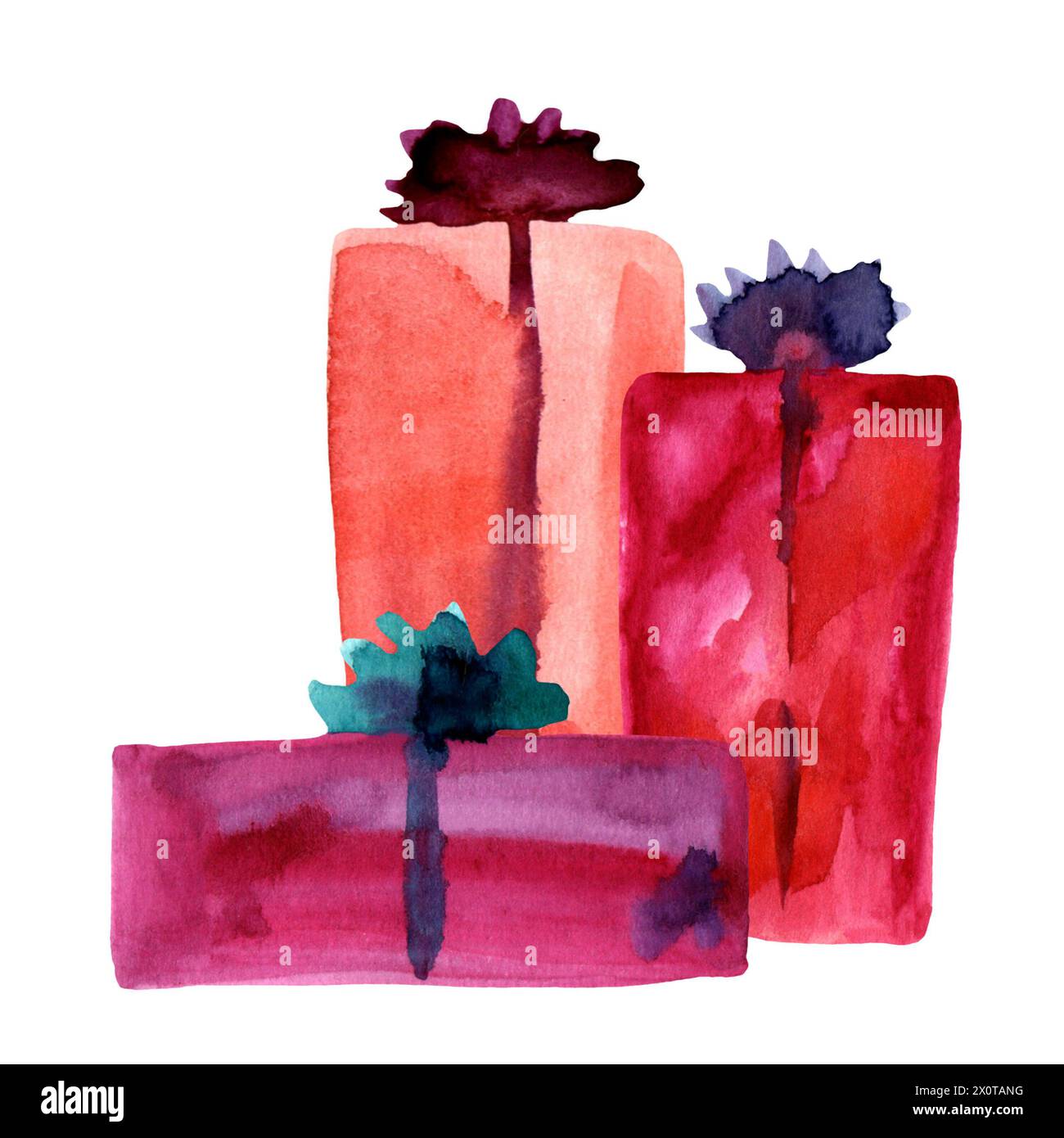 Confezioni regalo colorate con colori acquerelli e composizione ad arco. Vivace schizzo dipinto a mano del poster delle confezioni natalizie. semplice elemento di design astratto isolato Foto Stock