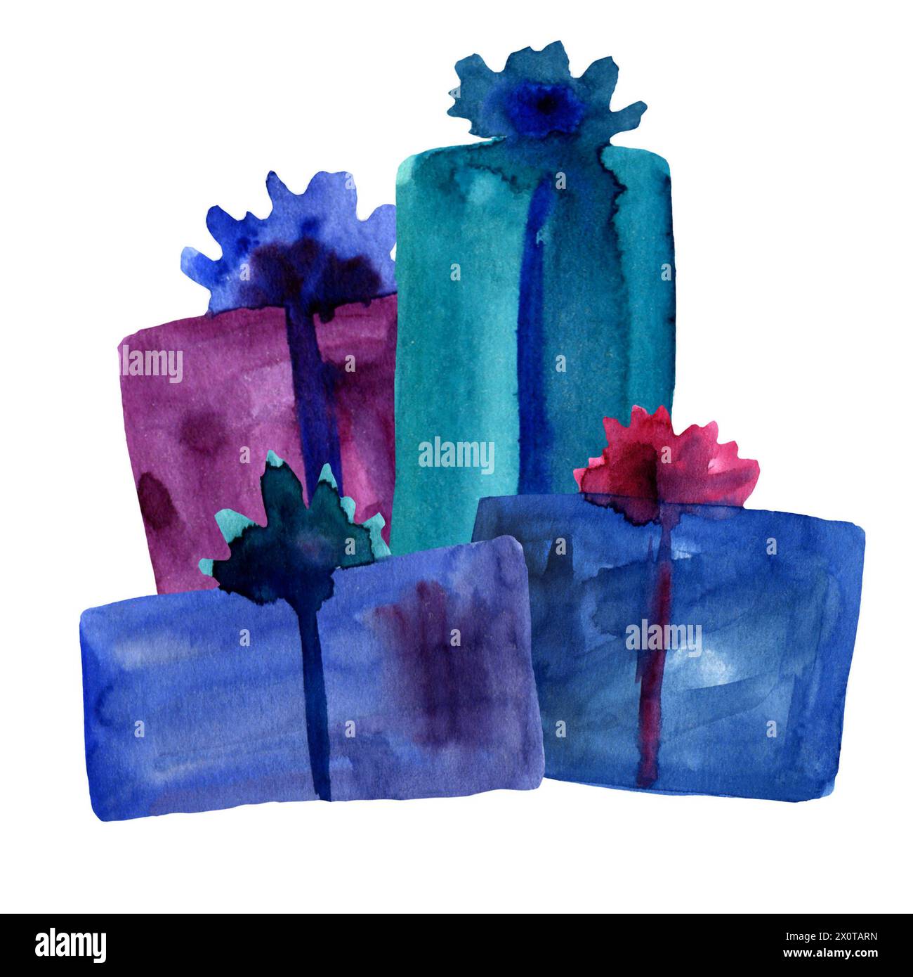 Confezioni regalo colorate con colori acquerelli e composizione ad arco. Vivace schizzo dipinto a mano del poster delle confezioni natalizie. semplice elemento di design astratto isolato Foto Stock