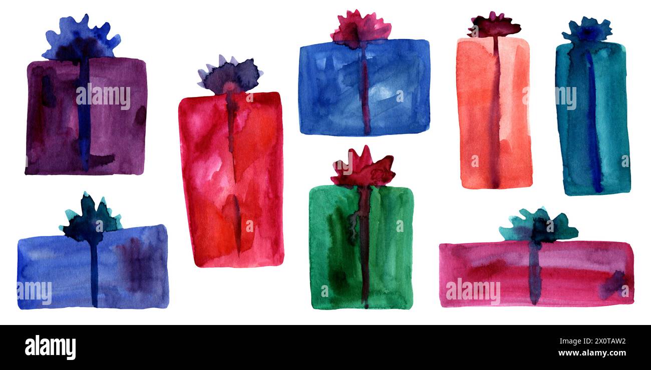 Set di confezioni regalo colorate ad acquerello con fiocco. Vivace schizzo dipinto a mano di un clipart per le feste. semplice elemento di design astratto isolato su un Foto Stock