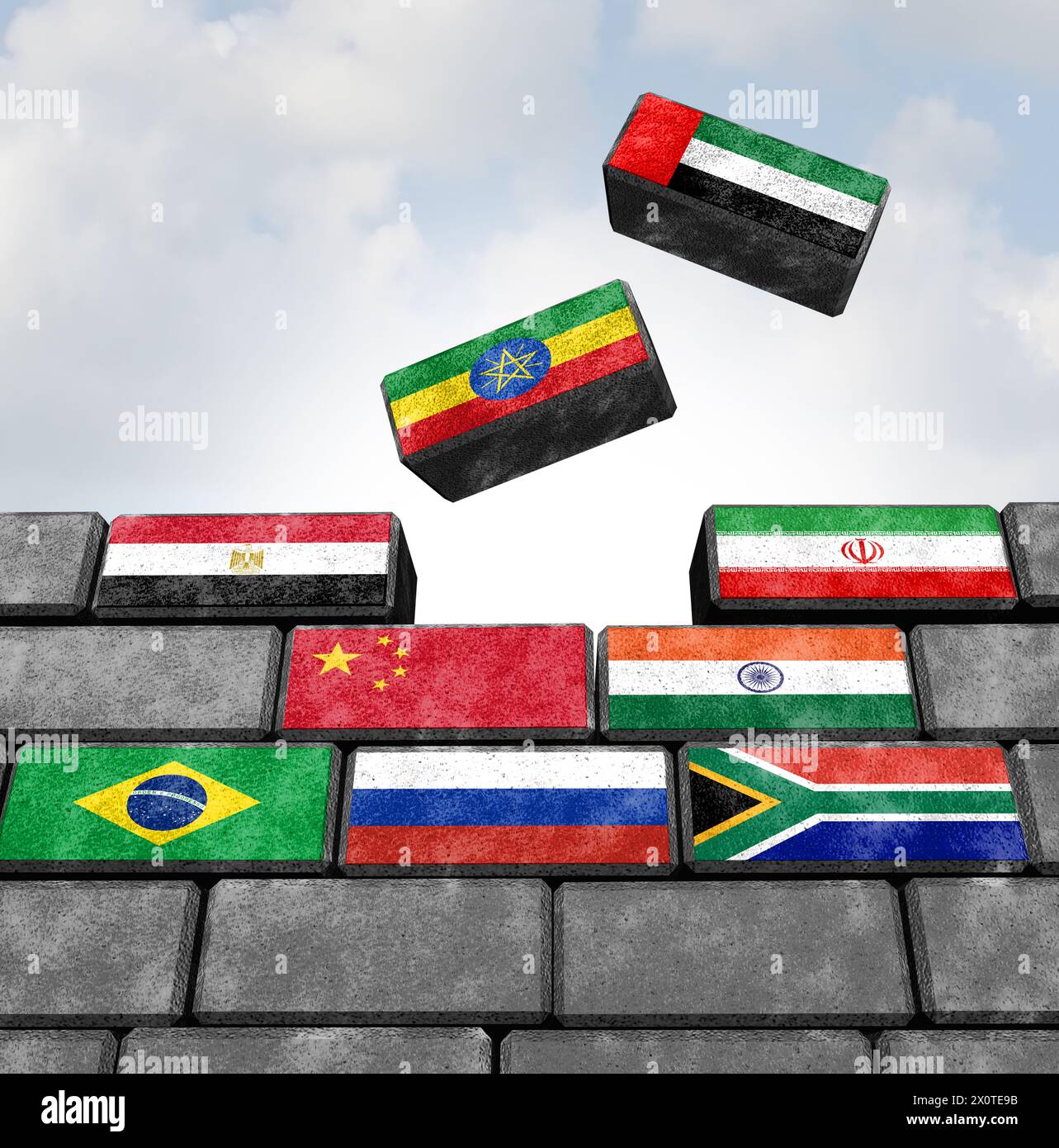 BRICS Expansion and Growing Group come Brasile Russia India Cina e Sudafrica organizzazione intergovernativa come paesi emergenti come l'Egitto Foto Stock