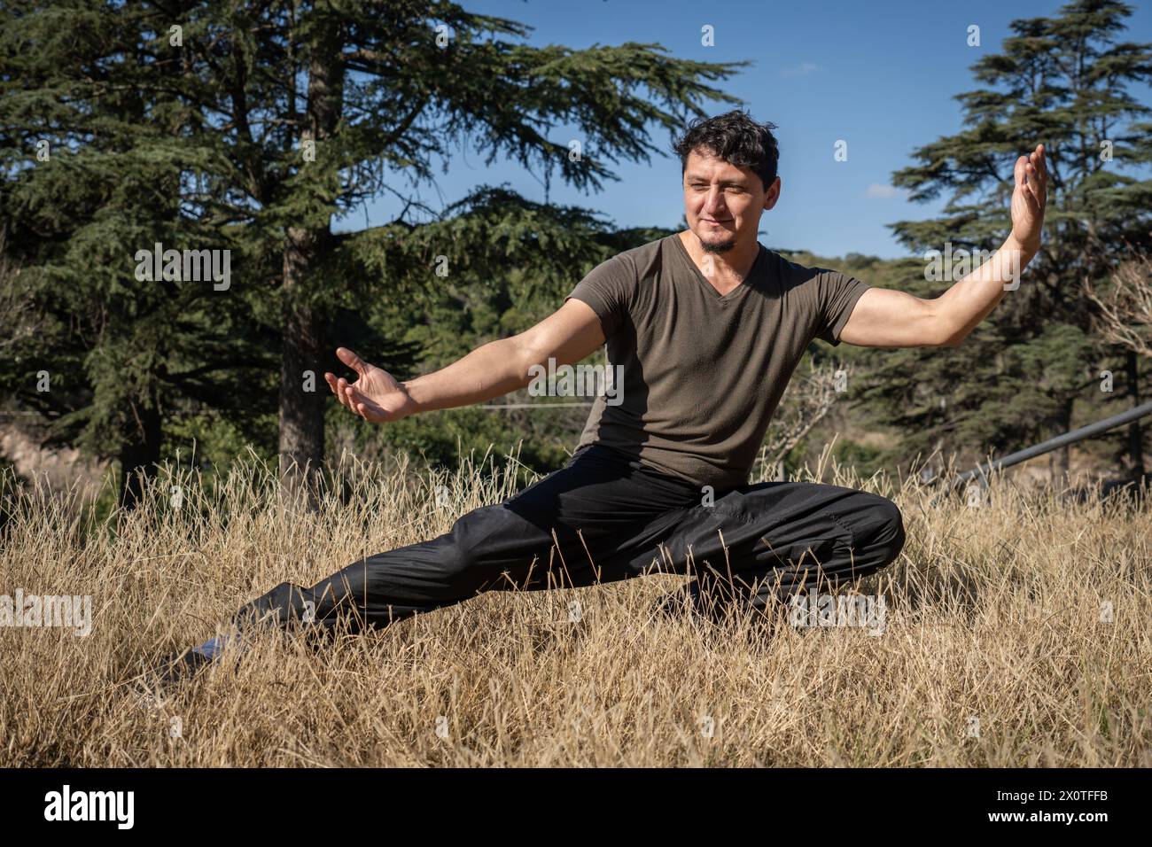 Un uomo maturo pratica Kung fu in un parco naturale, concentrato e impegnato nel suo allenamento fisico e mentale Foto Stock