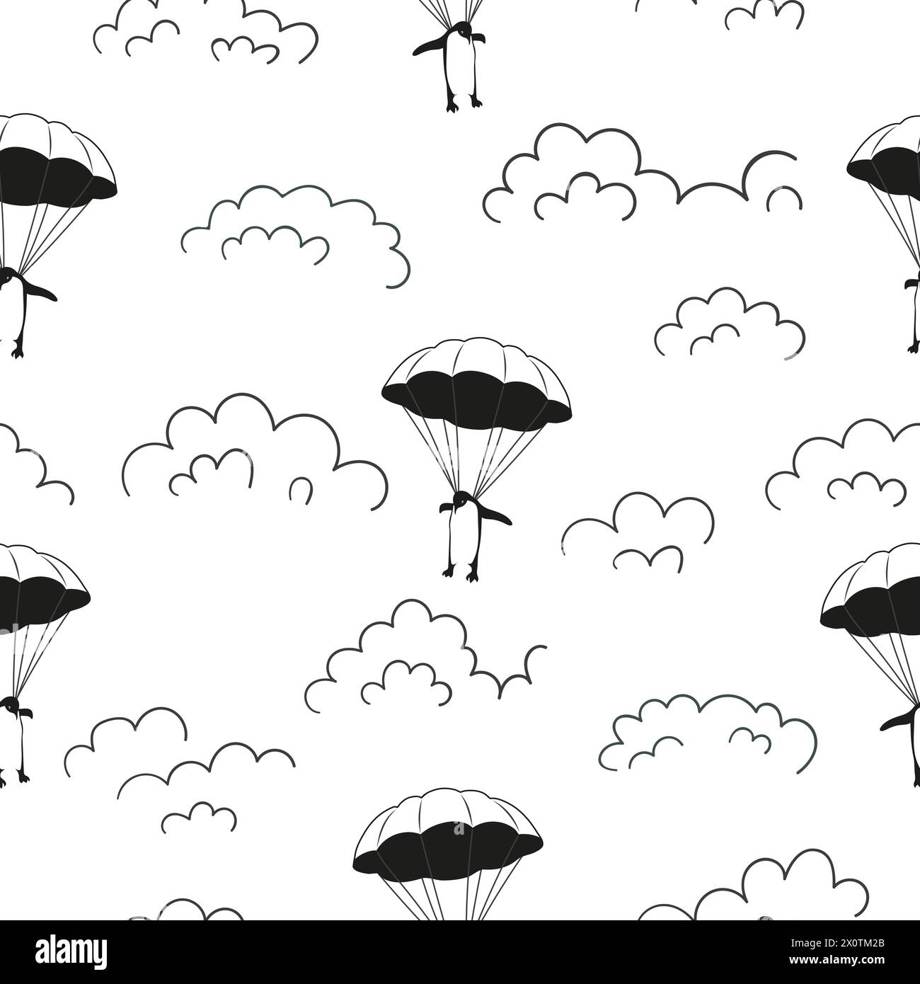 Pinguino volante con paracadute senza cuciture. Sfondo bianco e nero vettoriale. Tessuto, stampa in tessuto Illustrazione Vettoriale