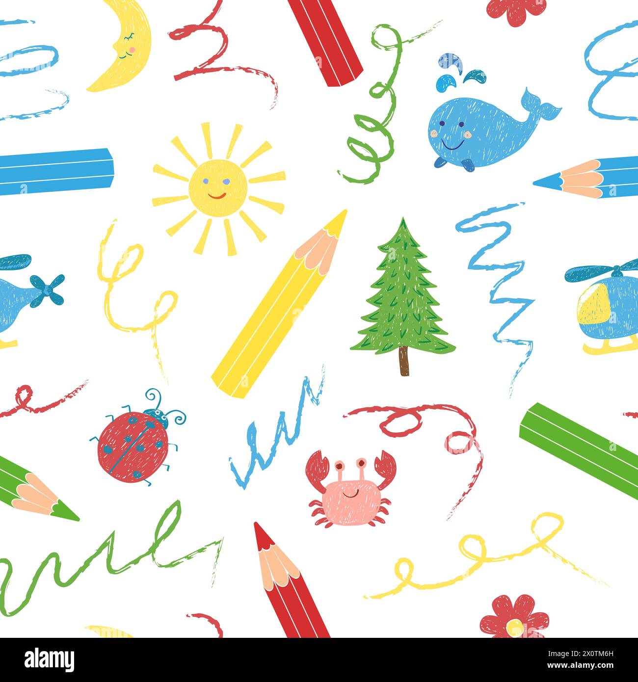 Ripetizione disegni figli. Sfondo colorato senza cuciture con matite, animali e giocattoli Illustrazione Vettoriale