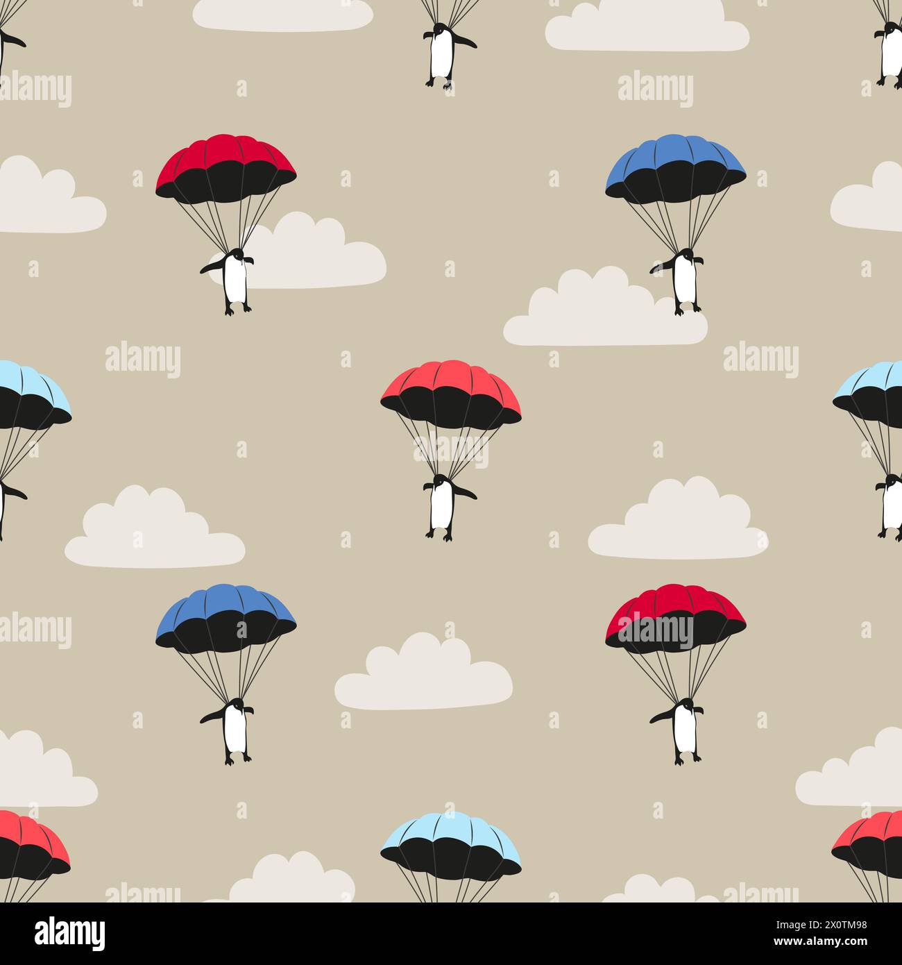 Pinguino volante con paracadute senza cuciture. Sfondo vettoriale del concetto Illustrazione Vettoriale
