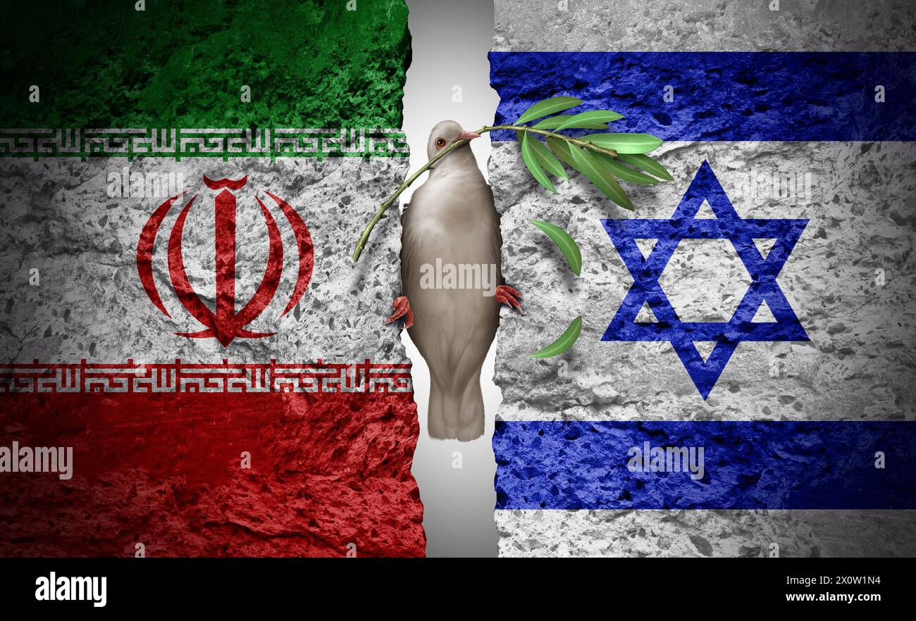 Iran e Israele crisi come conflitto geopolitico e guerra tra il popolo iraniano e israeliano e concetto di sicurezza in Medio Oriente e findi in lotta Foto Stock