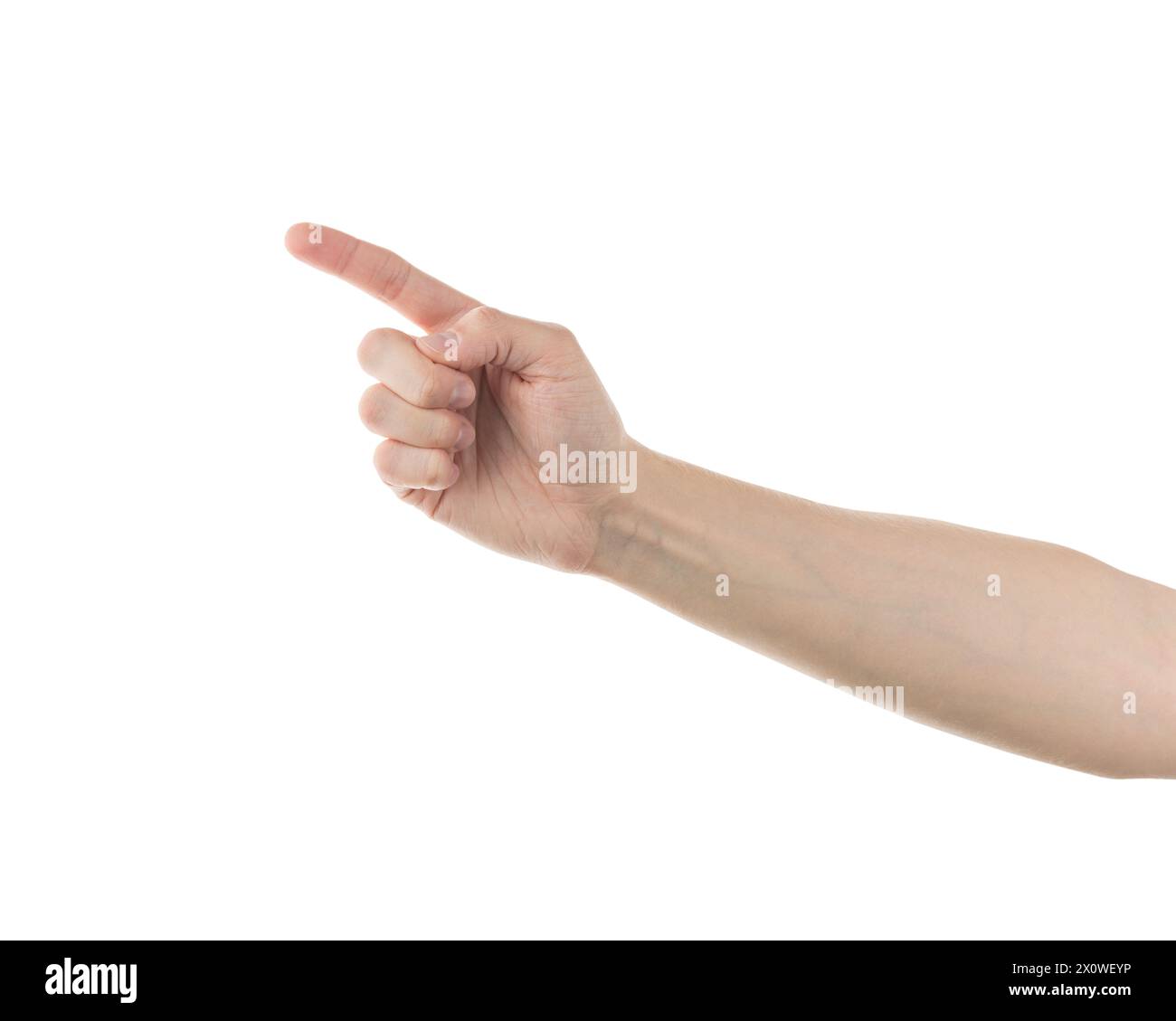 Uomo adulto da mano a puntare su qualcosa su sfondo bianco isolato Foto Stock