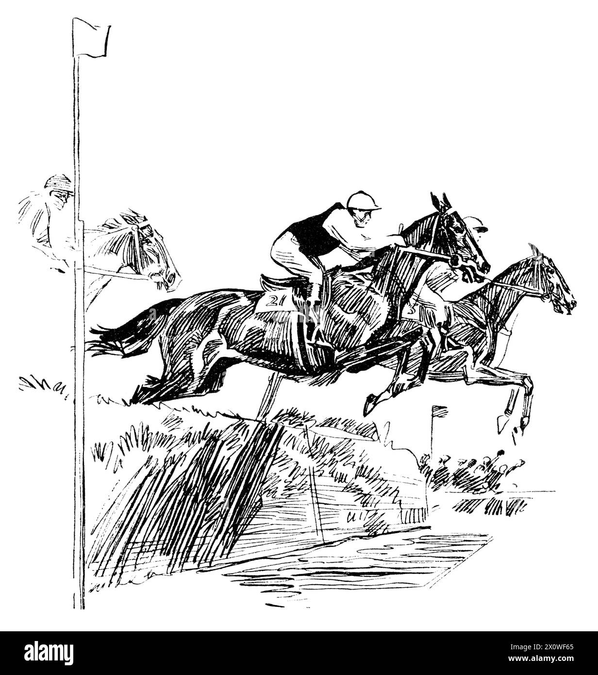 Illustrazione pubblicitaria del 1920 di una corsa ippica con cavalli che fanno un salto su un ippodromo. Foto Stock