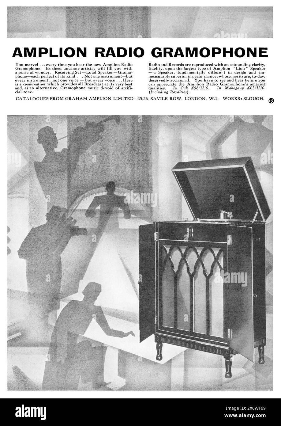 1928 pubblicità britannica per il grammofono radiofonico Amplion. Foto Stock