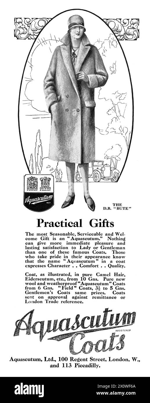 1928 pubblicità di moda britannica per cappotti Aquascutum. Foto Stock