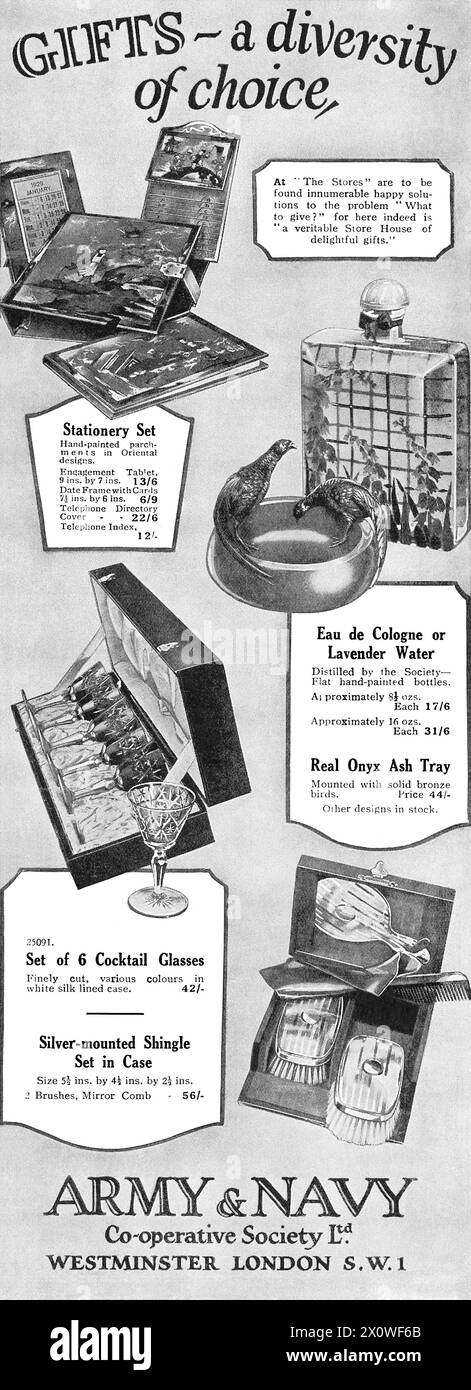 1928 pubblicità britannica per regali disponibili presso Army & Navy Stores, Westminster, Londra. Foto Stock