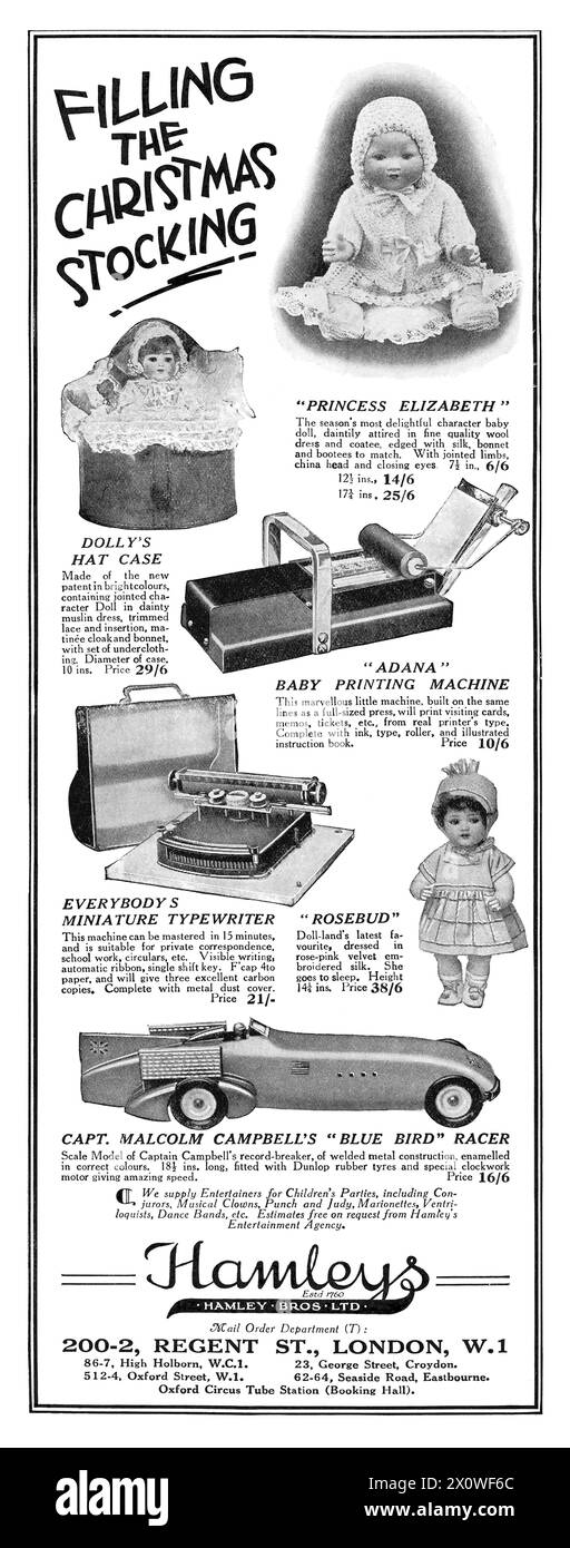 1928 pubblicità britannica per il negozio di giocattoli per bambini Hamlets in Regent Street, Londra. Foto Stock