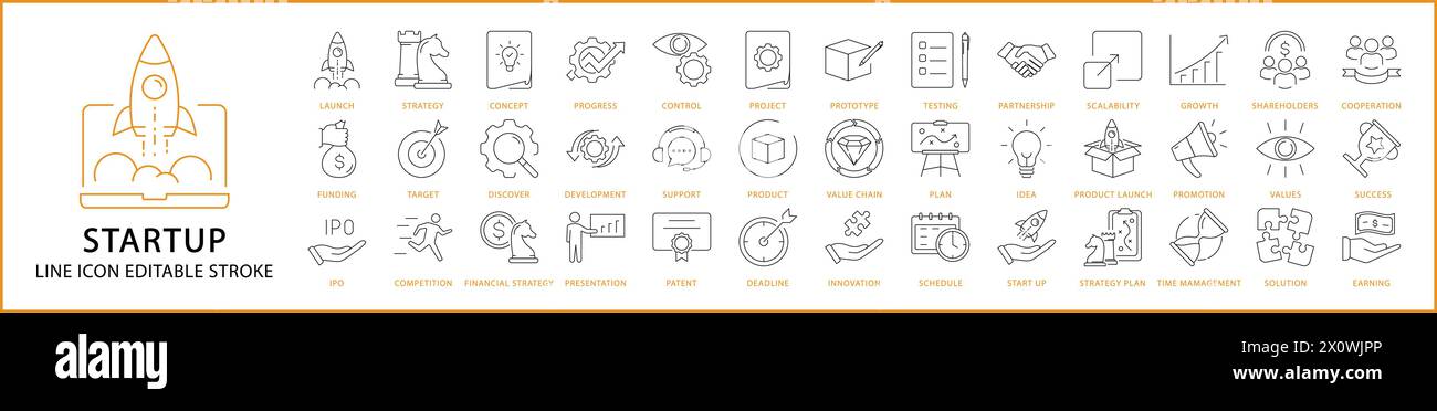 Icone di avvio. Set di icone Business Startup. Icone della linea di avvio aziendale. Illustrazione vettoriale. Tratto modificabile. Illustrazione Vettoriale