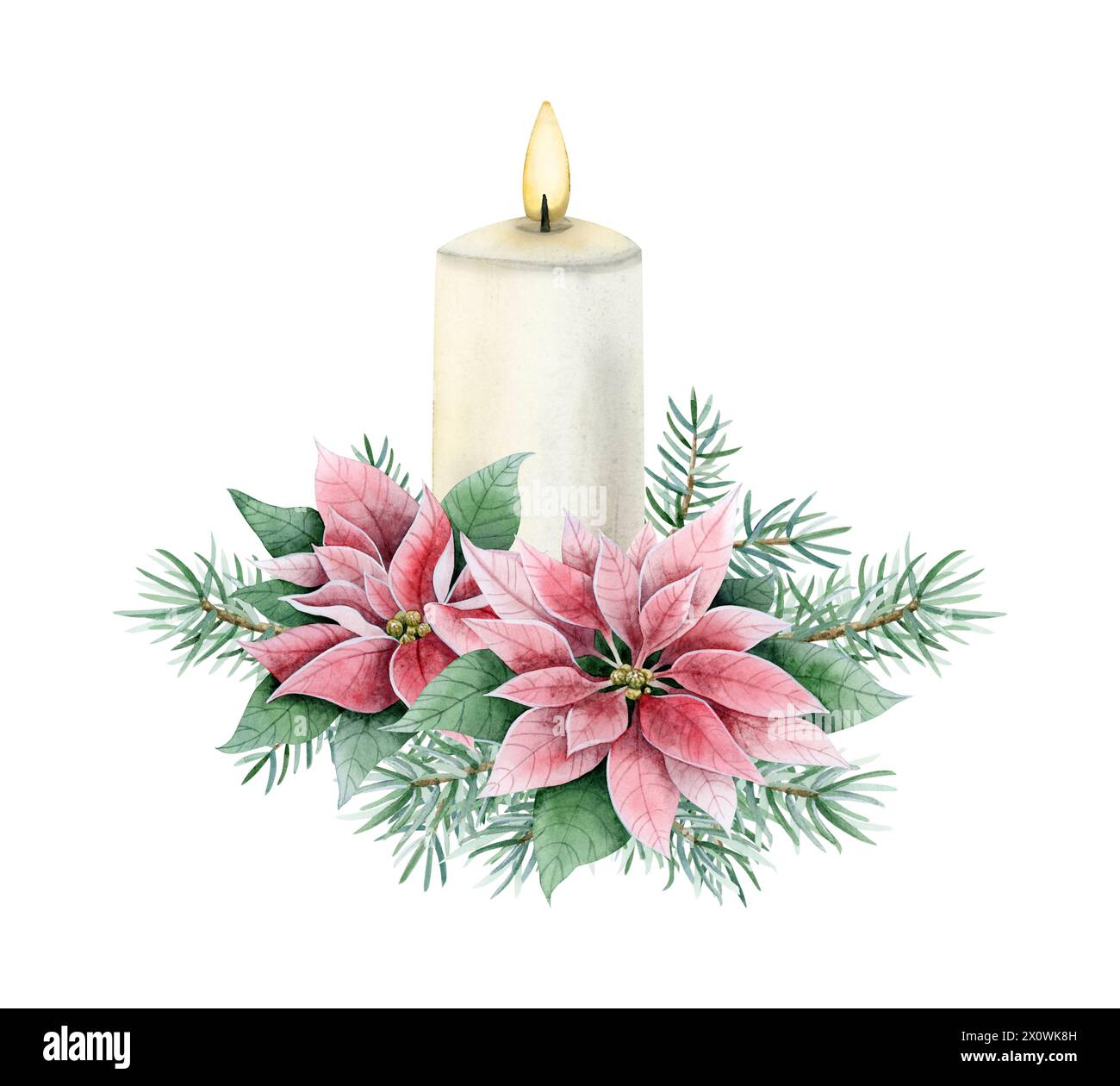 Candela natalizia in fiamme con fiori rosa poinsettia e rami di abete illustrazione acquerello per le vacanze di Capodanno Foto Stock