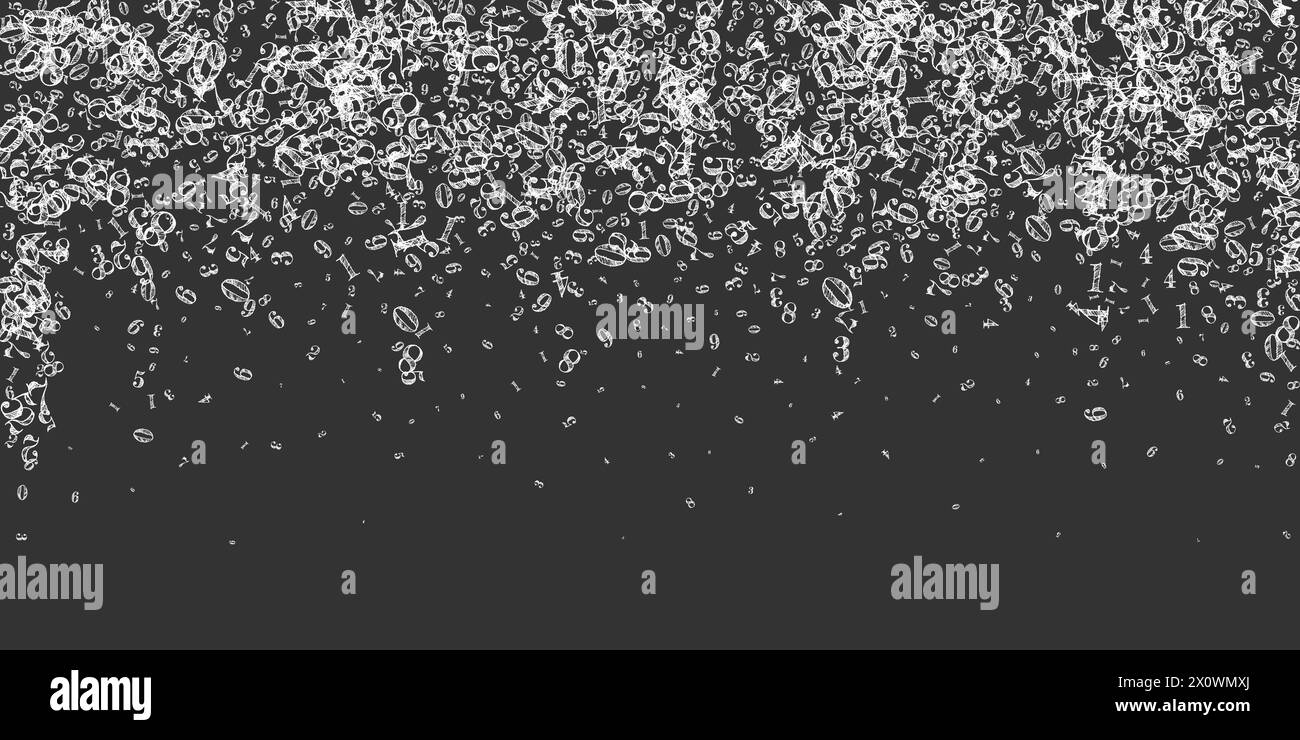 Numeri sparsi. Cifre bianche in gesso che volano caotiche. Banner di matematica di ritorno a scuola su sfondo lavagna. Illustrazione vettoriale dei numeri in caduta. Illustrazione Vettoriale