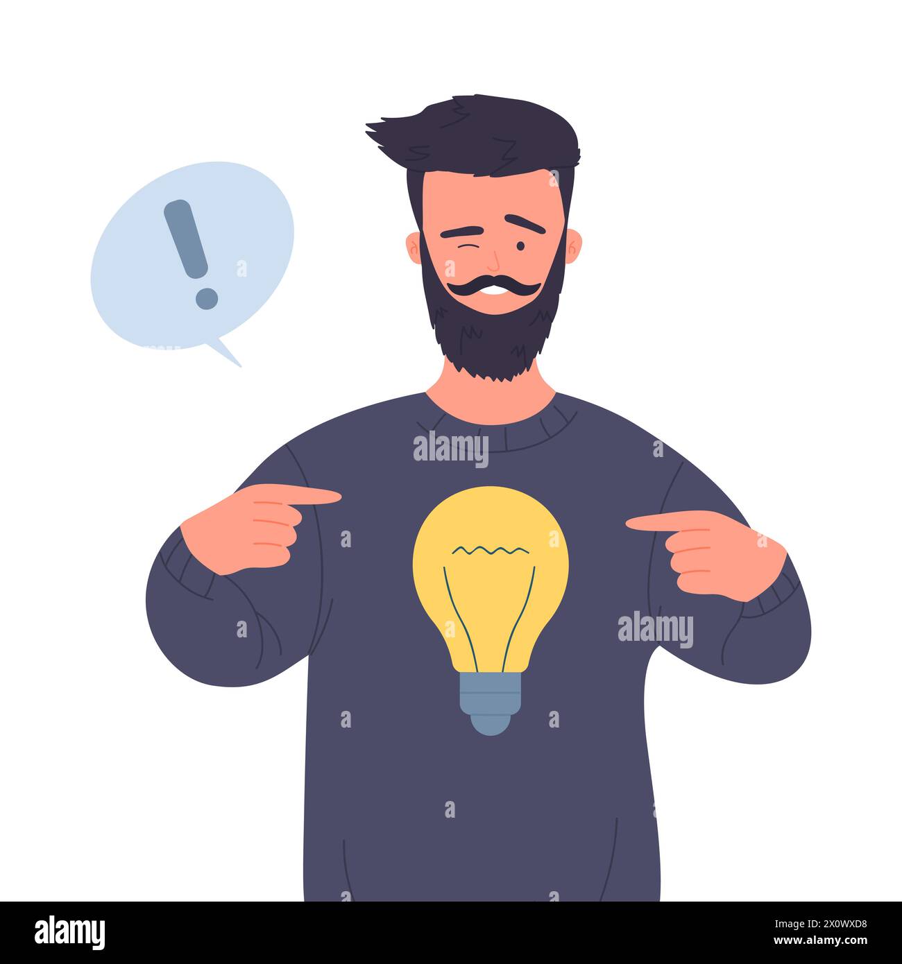 Uomo felice con un'idea creativa che punta alla lampadina sulla figura vettoriale della maglietta Illustrazione Vettoriale