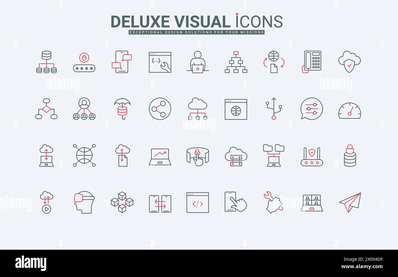 Set di icone della linea architettura e del sistema dati di rete. Modello e algoritmo del diagramma di flusso, finestra del browser e impostazioni dell'app mobile, test del cloud con simboli di contorno neri e rossi sottili, illustrazione vettoriale Illustrazione Vettoriale
