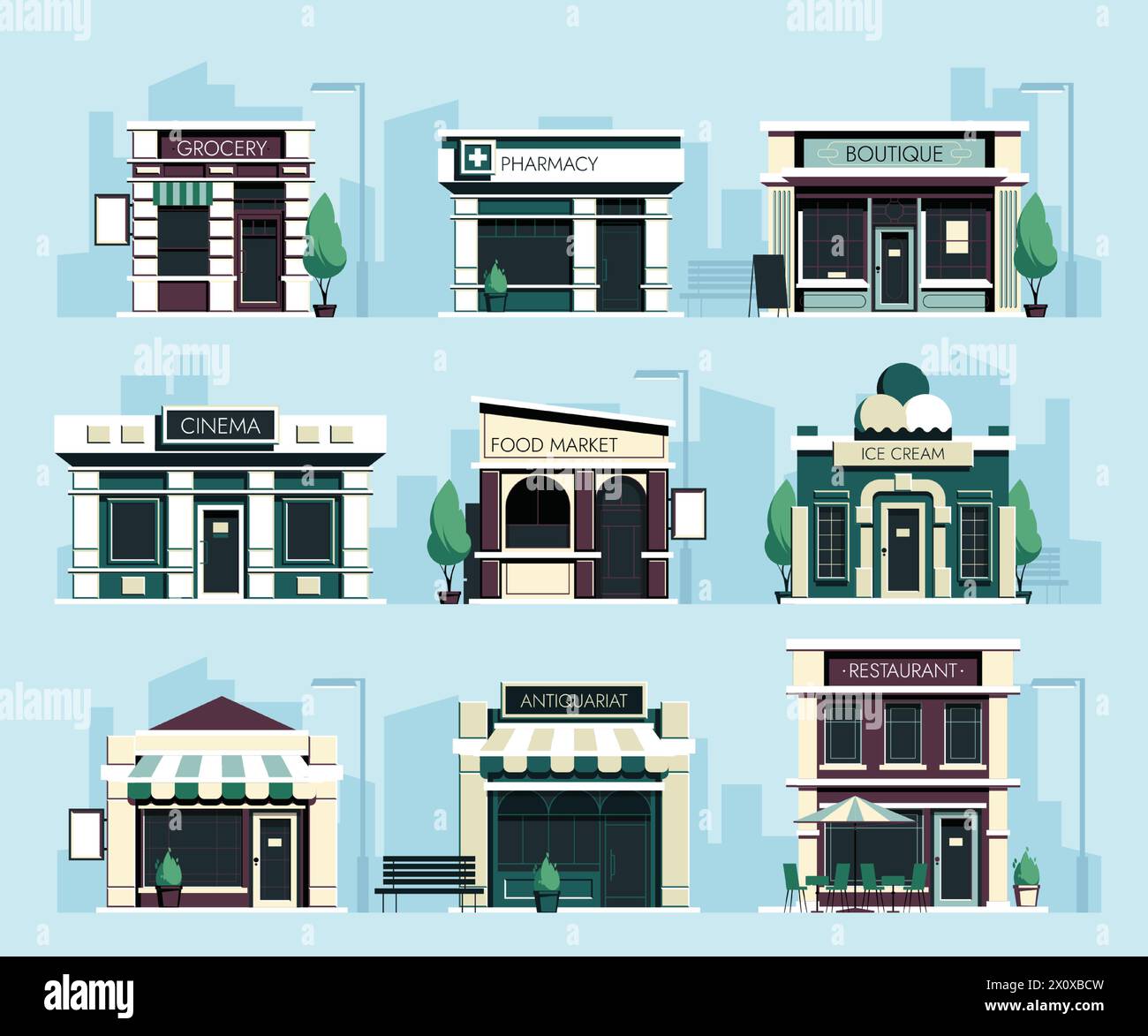 Negozi di cartoni animati. Facciata di Street Shop con caffetteria, ristorante, panetteria, fast food e gelati, esterno dell'edificio con posto a sedere all'aperto. Set isolato vettoriale Illustrazione Vettoriale