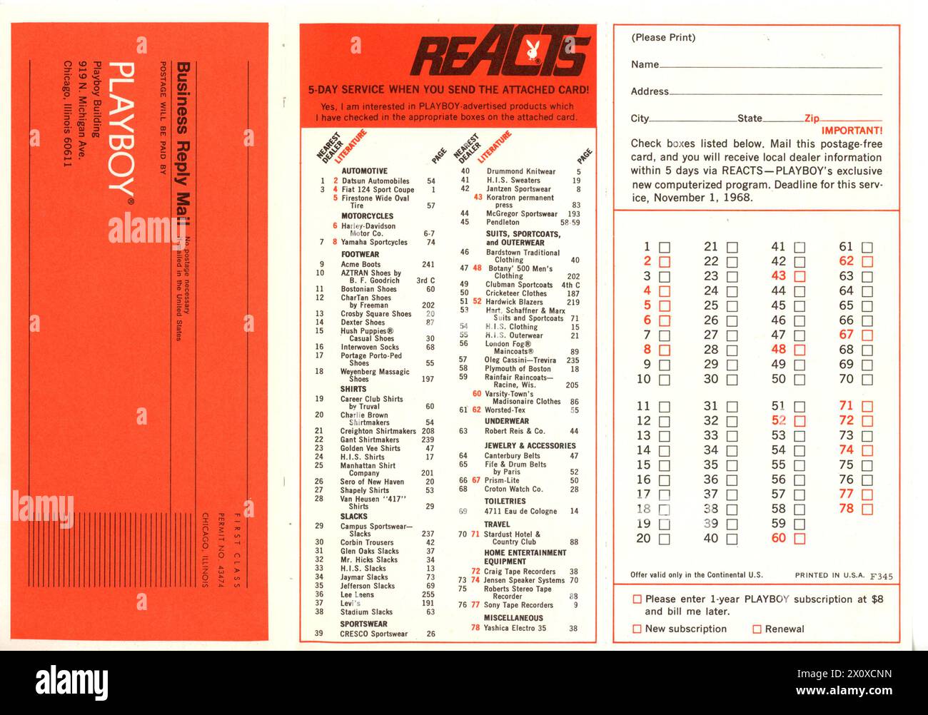 Rivista vintage 'Playboy', numero di settembre 1968, business Reply mail insert, USA Foto Stock