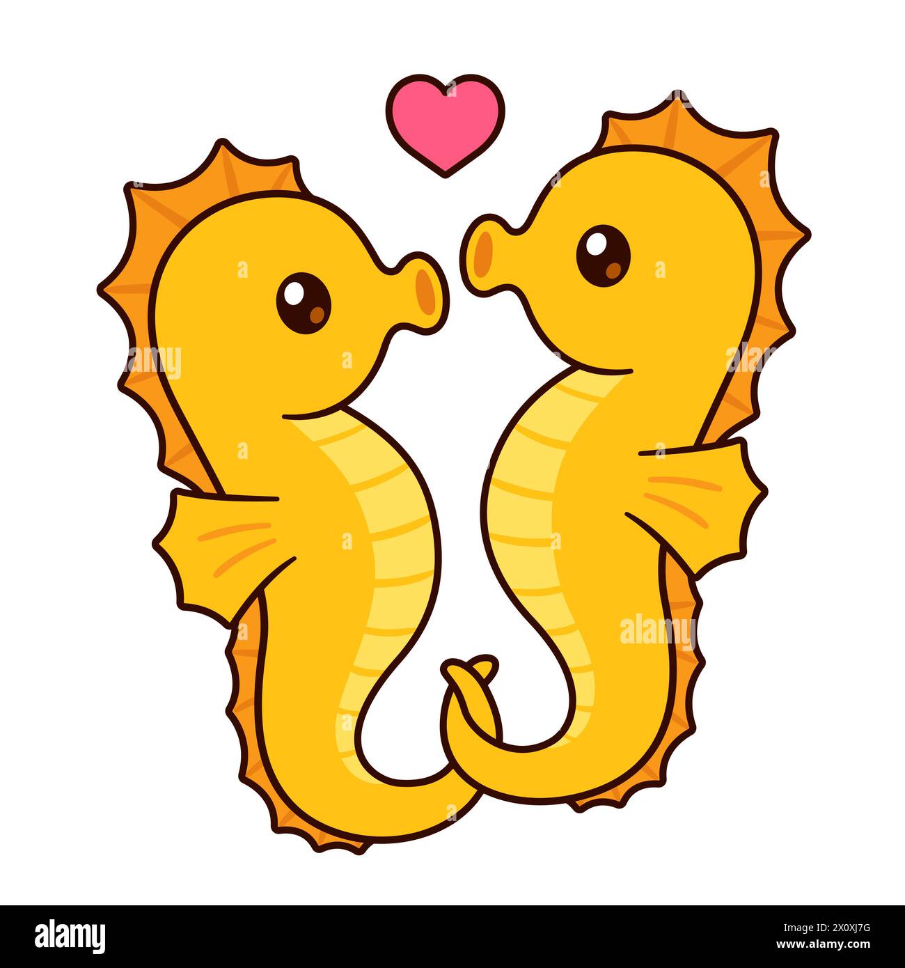 Simpatica coppia di cartoni animati cavallucci marini che tiene code con cuore. St Illustrazione del biglietto di auguri vettoriale di San Valentino. Illustrazione Vettoriale