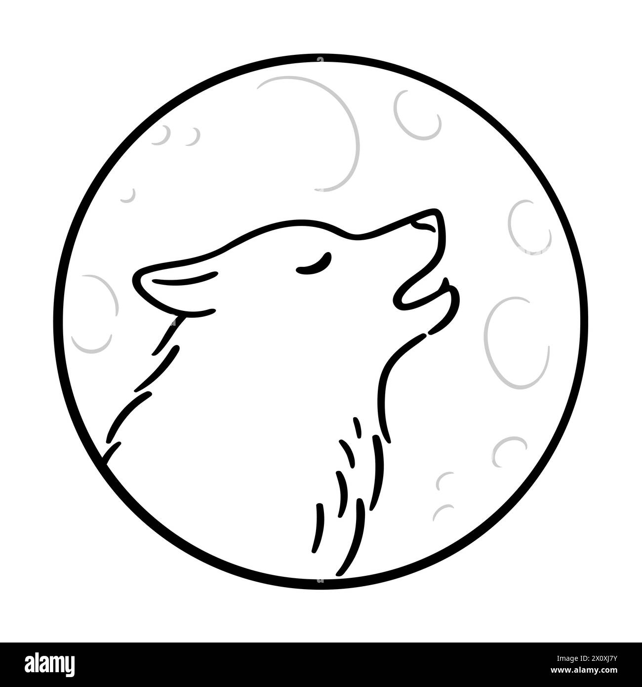 Lupo ulululante sulla luna, disegno in linea bianco e nero. Semplice scarabocchio di profilo della testa di lupo in cerchio. Illustrazione vettoriale. Illustrazione Vettoriale