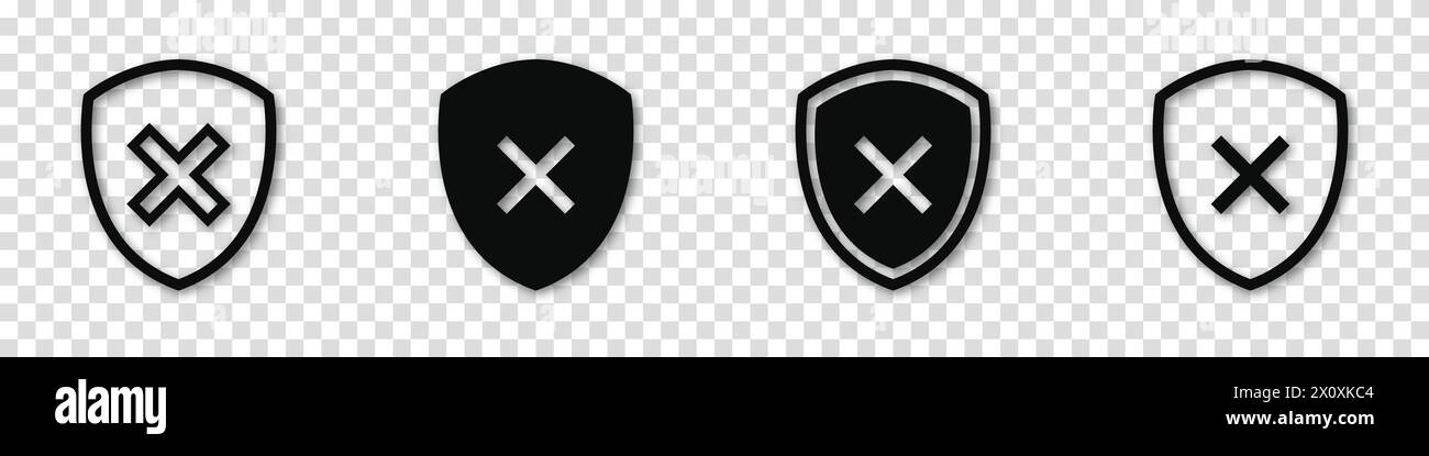 Set di icone scudo - X segni, no o croce. Clipart vettoriale della croce su sfondo bianco. Per siti Web o app mobili. Illustrazione Vettoriale